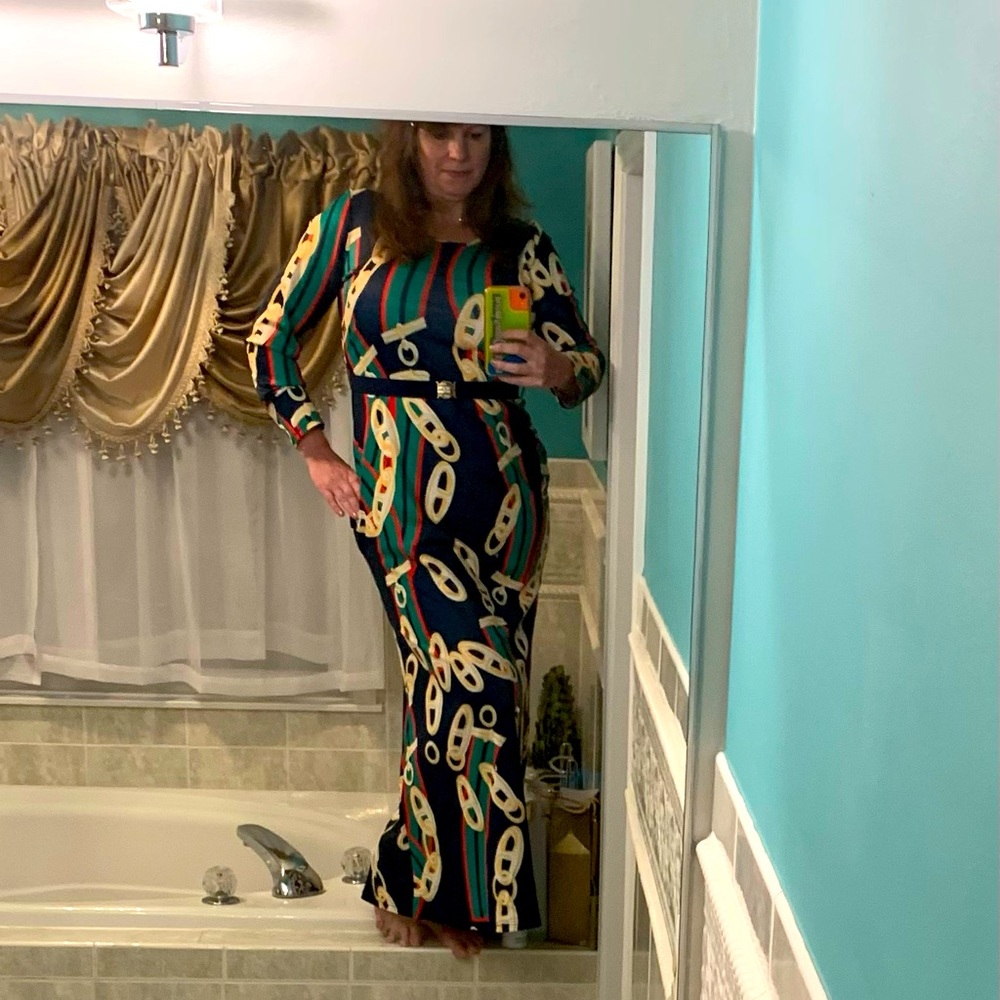 Design Inspired Long Fitted Dress with Belt NWOT